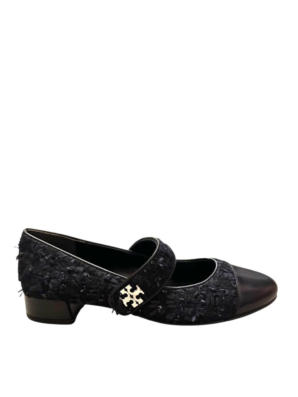TORY BURCH Black Bouclé Leather Low Heel Cap Toe Mary Jane Ballet Flats
